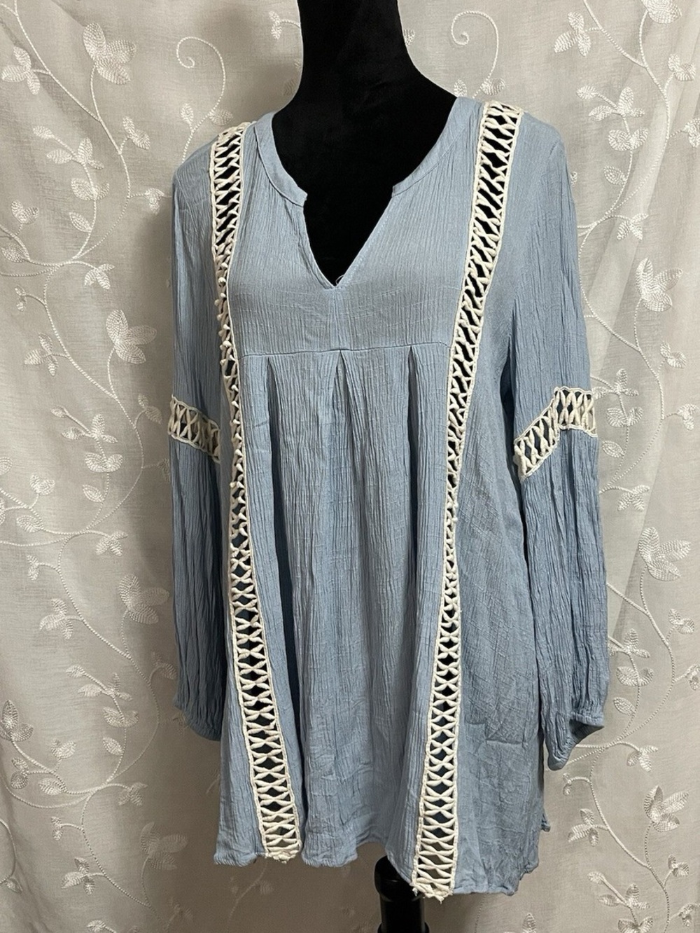 Umgee Light Blue Boho Tunic Dress with Cream Crochet Trim